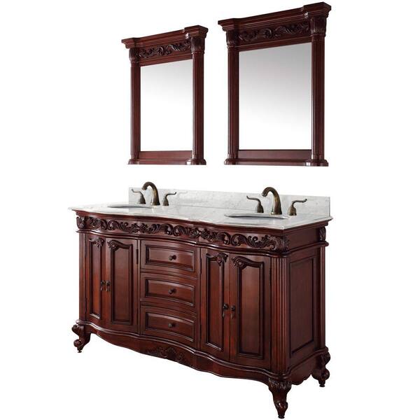 Wyndham Collection Eleanor 61 in. Vanity in Cherry with Double Basin Marble Vanity Top in Carrera White and Mirrors-DISCONTINUED