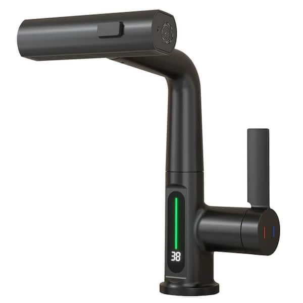 MYCASS Single Handle Single Hole Bathroom Faucet with Deckplate Included and LED temperature display function in Zinc Black