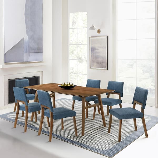 Armen Living Channell 7-Piece Rectangle Wood Top Blue Dining Set
