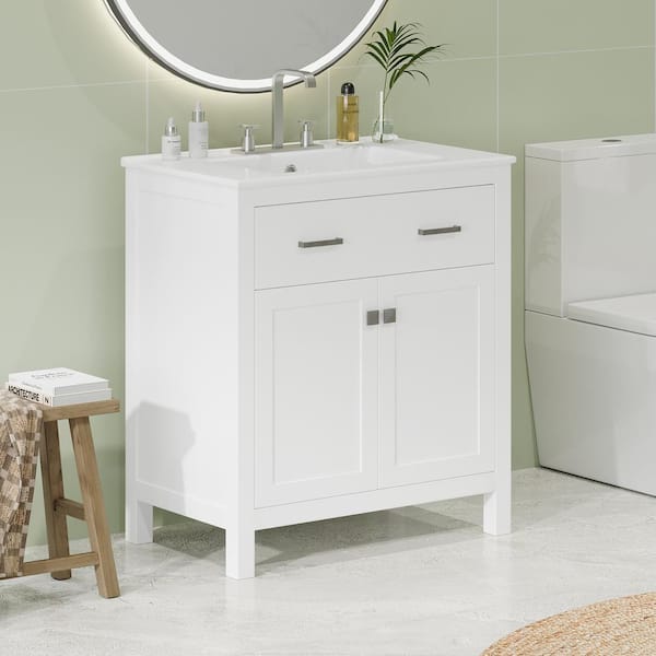 Qualler 30 in. W x 18.3 in. D x 33.6 in. H Single Sink Freestanding Bath Vanity in White with White Ceramic Top
