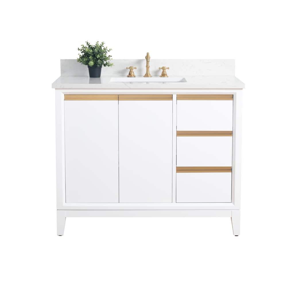 42" White MDF Freestanding Bathroom Vanity with Engineered Marble Top