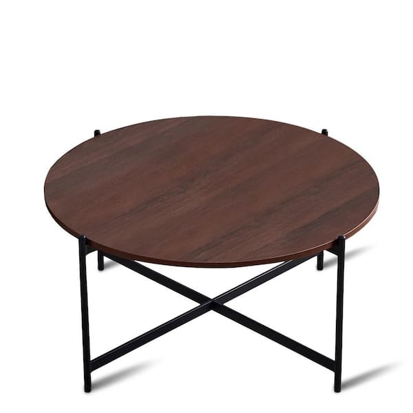 Sudzendf Modern Round Brown Wood Outdoor Coffee Table With Metal Frame