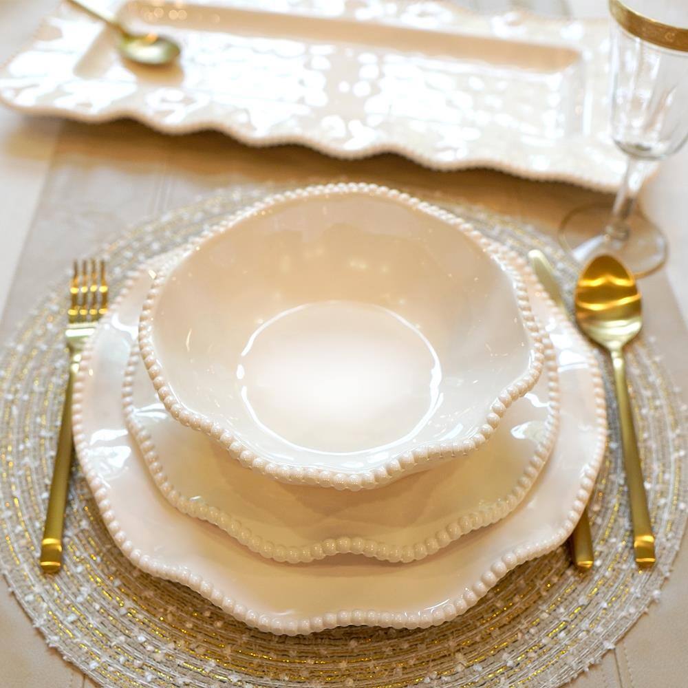 Cream Beaded Ruffled Rim Melamine Dessert Bowls, Set of 4