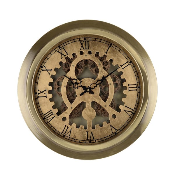 Benjara Gold, Bronze, and Black Analog Metal with Gear Design Wall Clock