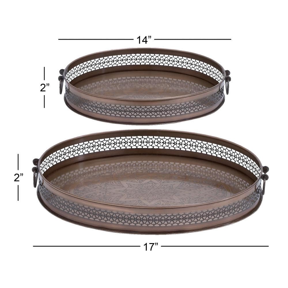 Brown Metal Oval Decorative Trays with Cut Out Design, Set of 2