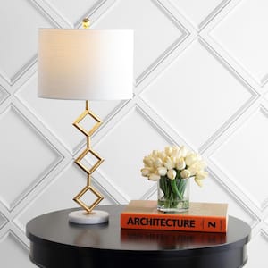 Diamante 29.5 in. Modern Gilt Metal with Marble Base LED Table Lamp, Gold/White