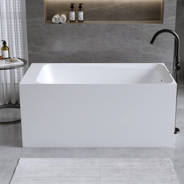 51 in. x 27.6 in. Rectangle Solid Surface Stone Flatbottom Freestanding Soaking Bathtub with Center Drain in White