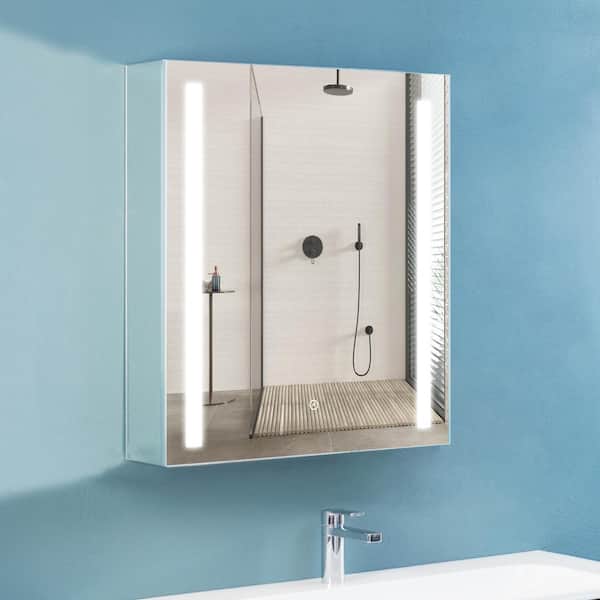 UKISHIRO 22 in. W x 28 in. H Silver Aluminum Frameless Surface Mount Soft Close Medicine Cabinet with Mirror and LED Lighting
