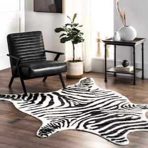 Jayla Machine Washable Zebra Faux Cowhide Black and White Doormat 3 ft. 10 in. x 5 ft. Accent Rug