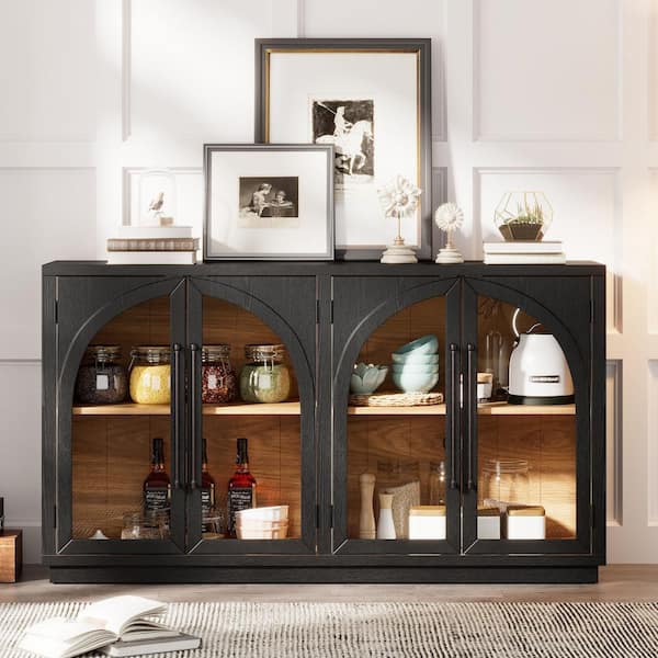 Black Solid Wood Sideboard Buffet Cabinet with Glass Doors and Adjustable Shelves