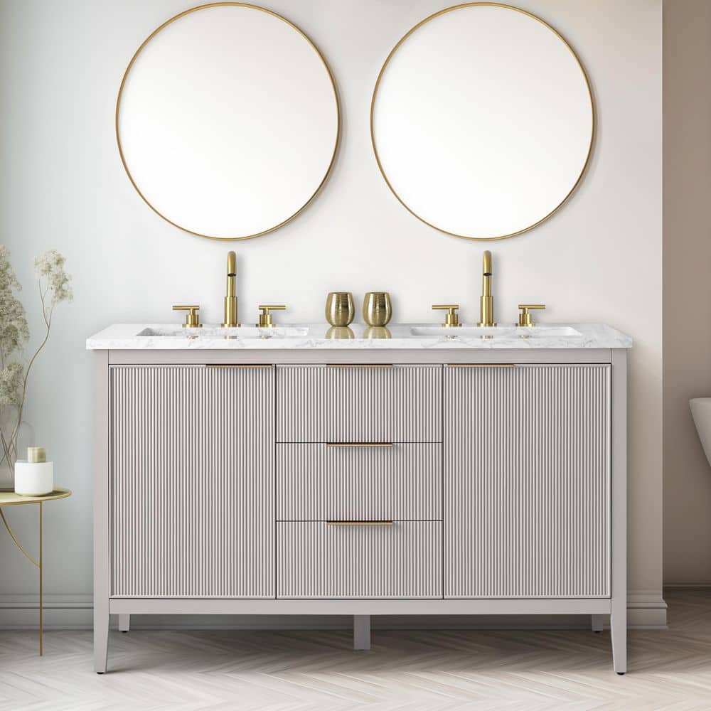 Emma 54 in. W Bath Vanity in Taupe with Engineered Stone Top in Arabescato with White Sinks price history on PriceWatchPro