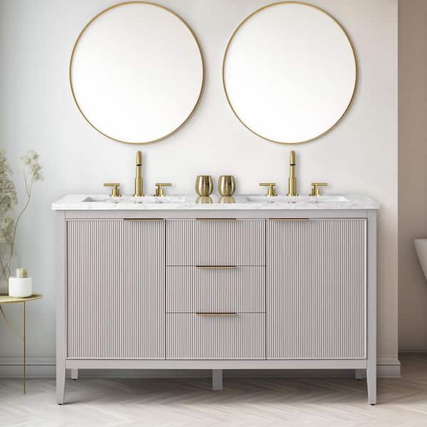 Emma 54 in. W Bath Vanity in Taupe with Engineered Stone Top in Arabescato with White Sinks