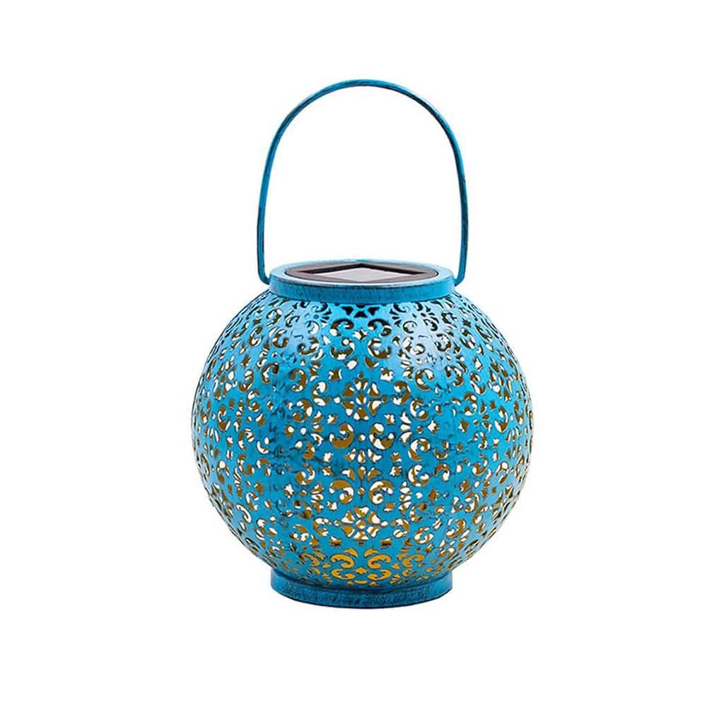 Teal Blue Metal Solar Big Lantern Hanging Garden Outdoor Waterproof Decorat