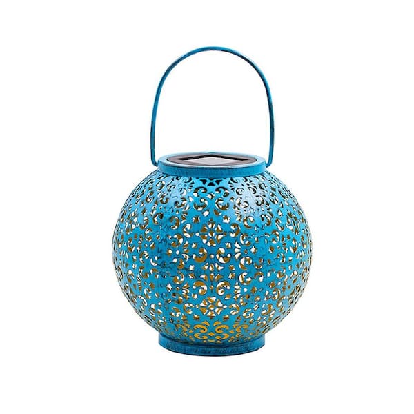 Teal Blue Metal Solar Big Lantern Hanging Garden Outdoor Waterproof Decorative Lights