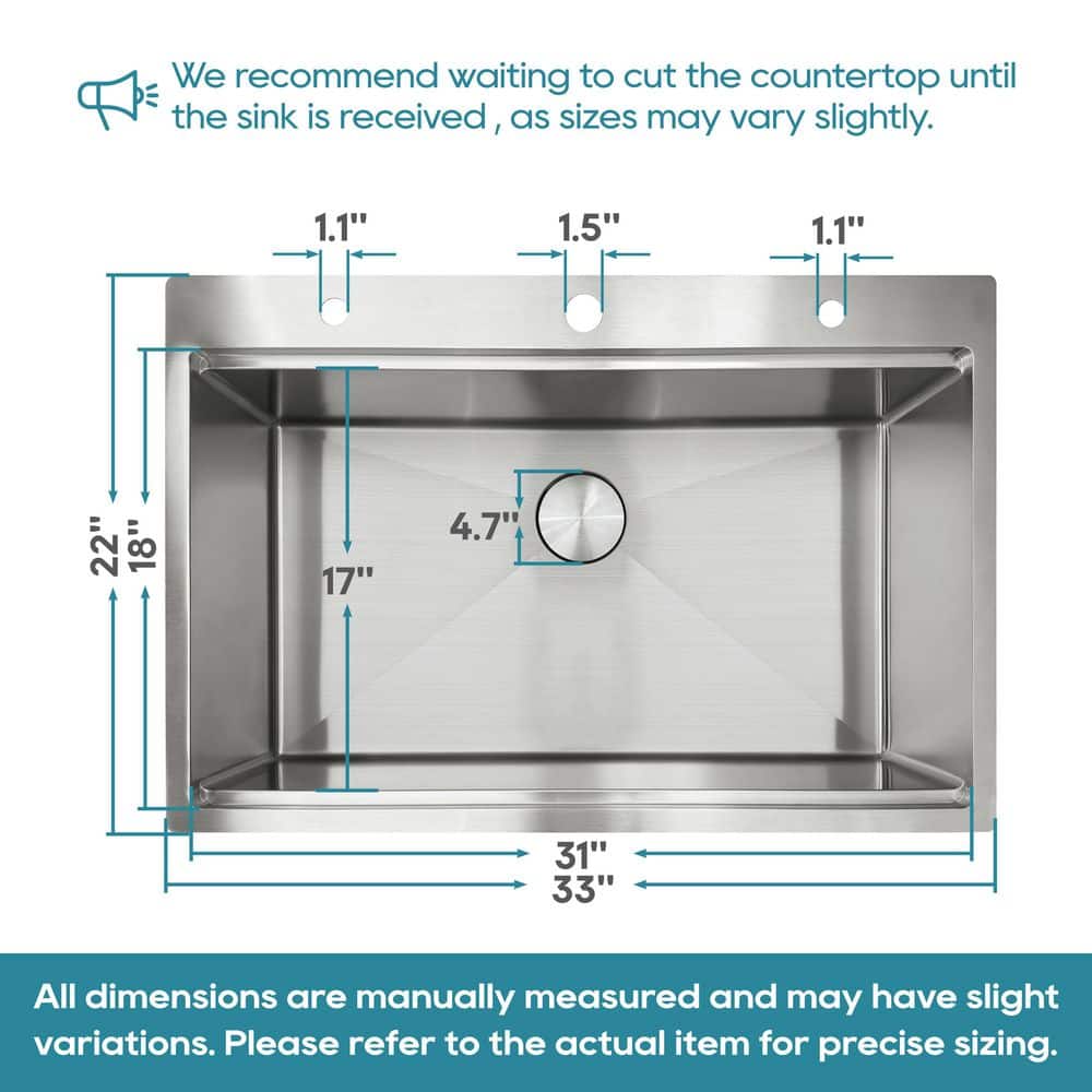 33'' Brushed Stainless Steel Single Bowl Drop-In Workstation Sink
