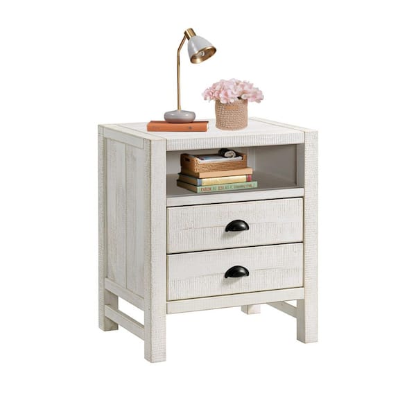 Windsor Rustic Farmhouse Nightstand with Open Shelf and 2-Drawers, Solid Wood Bedside Table, Driftwood White Finish
