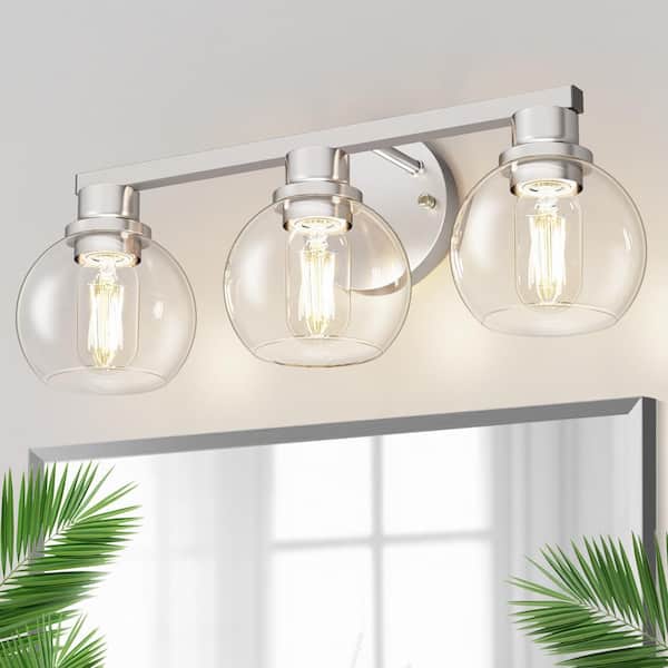 19 in. 3-Light Brushed Nickel Bathroom Vanity Light for Bathroom Dressers, Powder Room Lighting with Clear Globe Shades