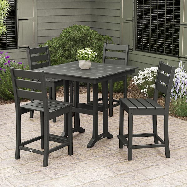 POLYWOOD Grant Park Black 5-Piece HDPE Plastic Side Chair Farmhouse Trestle Counter Set