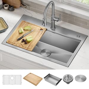 Kore 32 in. Drop-In/Undermount Single Bowl 18 Gauge Stainless Steel Kitchen Workstation Sink with Accessories
