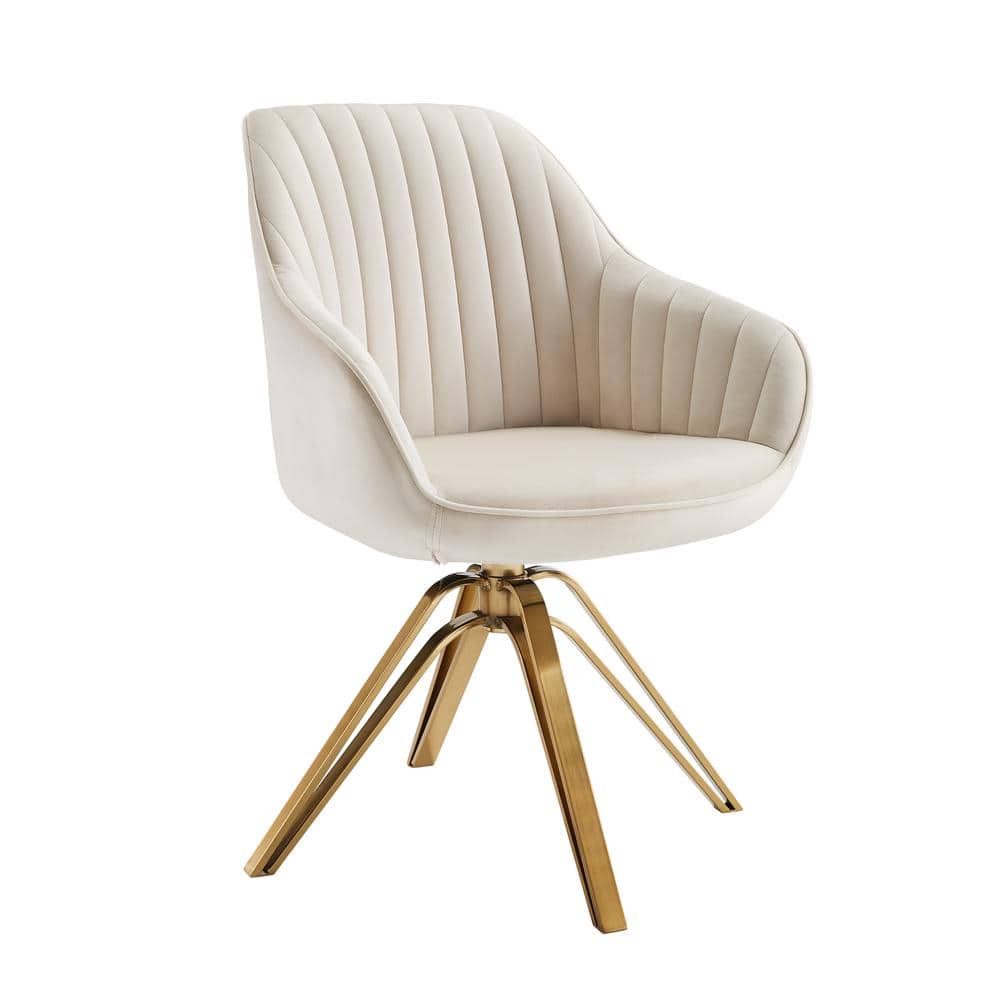 Off-White Contemporary Swivel Accent Chair with Gold Metal Legs