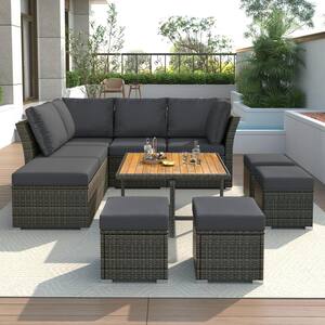 Dark Gray 10-Piece Wicker Outdoor Patio Conversation Set with Black Cushions, Coffeetable and Ottomans