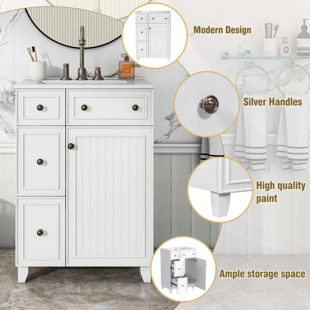 24" White Wood Freestanding Single Sink Bath Vanity with Ceramic Top