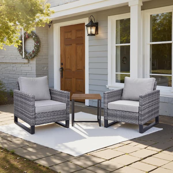 Gray 3-Piece Wicker Patio Conversation Set, Outdoor Lounge Chairs with Side Table and Gray Cushions