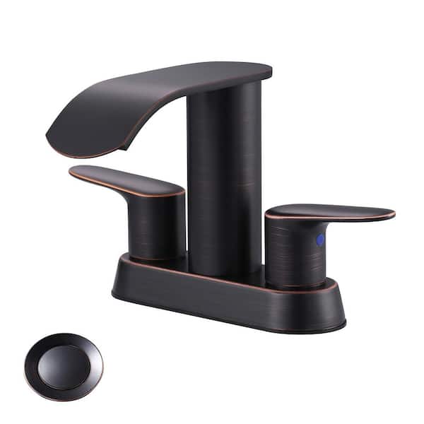 WOWOW 4 in. Centerset 2-Handle Mid Arc Bathroom Waterfall Faucet with Drain Kit Included in Stainless Steel Oil Rubbed Bronze
