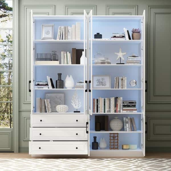 78.7 in. Tall White Paint Finish Wood 10-Shelf Accent Bookcase with Glass Doors, LED Lights, Drawers, Adjustable Shelves