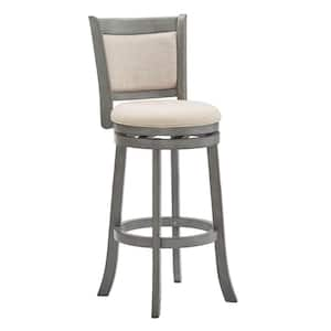 30 in. Antique Grey Finish Beige Upholstered Back Wood Frame Swivel Bar Height Stool