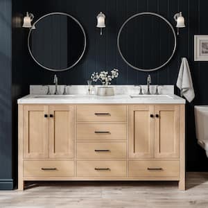 Cambridge 66 in. Double Sink Freestanding Bathroom Vanity in Oak with Carrara White Quartz Top