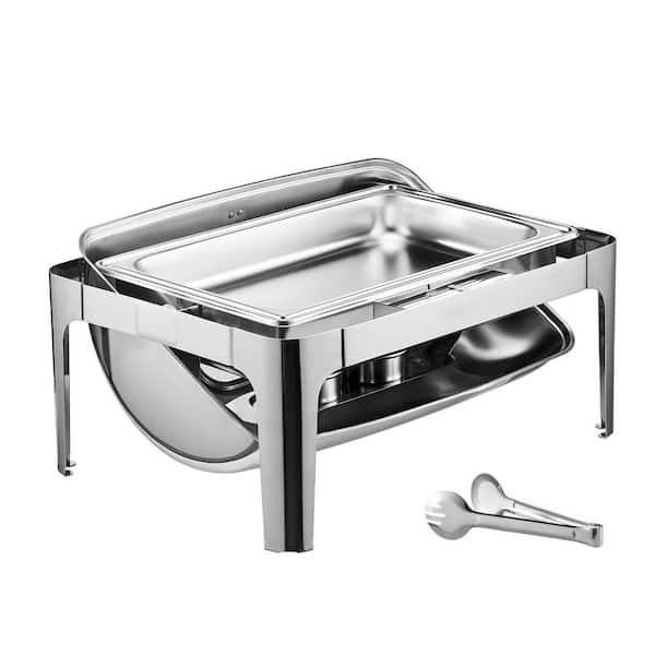 Roll Top Chafing Dish Set, 4 qt. Stainless Steel Chafer with 2 Half Size Pans, Rectangle Catering Warmer, Silver