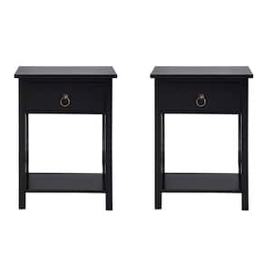 Black Small Profile 1-Drawer Nightstand, Bedside Table, Side Tables Bedroom, Wooden Night Stands for Bedroom, Set of 2