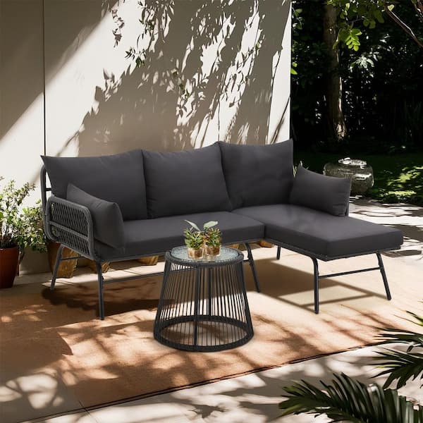 3-Piece Wicker Patio Conversation Set with Black Cushions, Rattan Furniture Set with Coffee Table