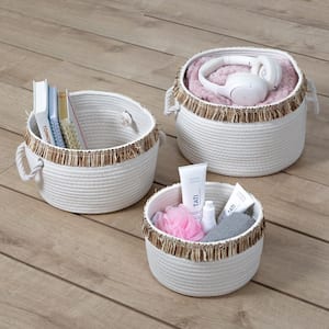 White/Natural Nesting Cotton Rope Baskets with Fringe (Set of 3)