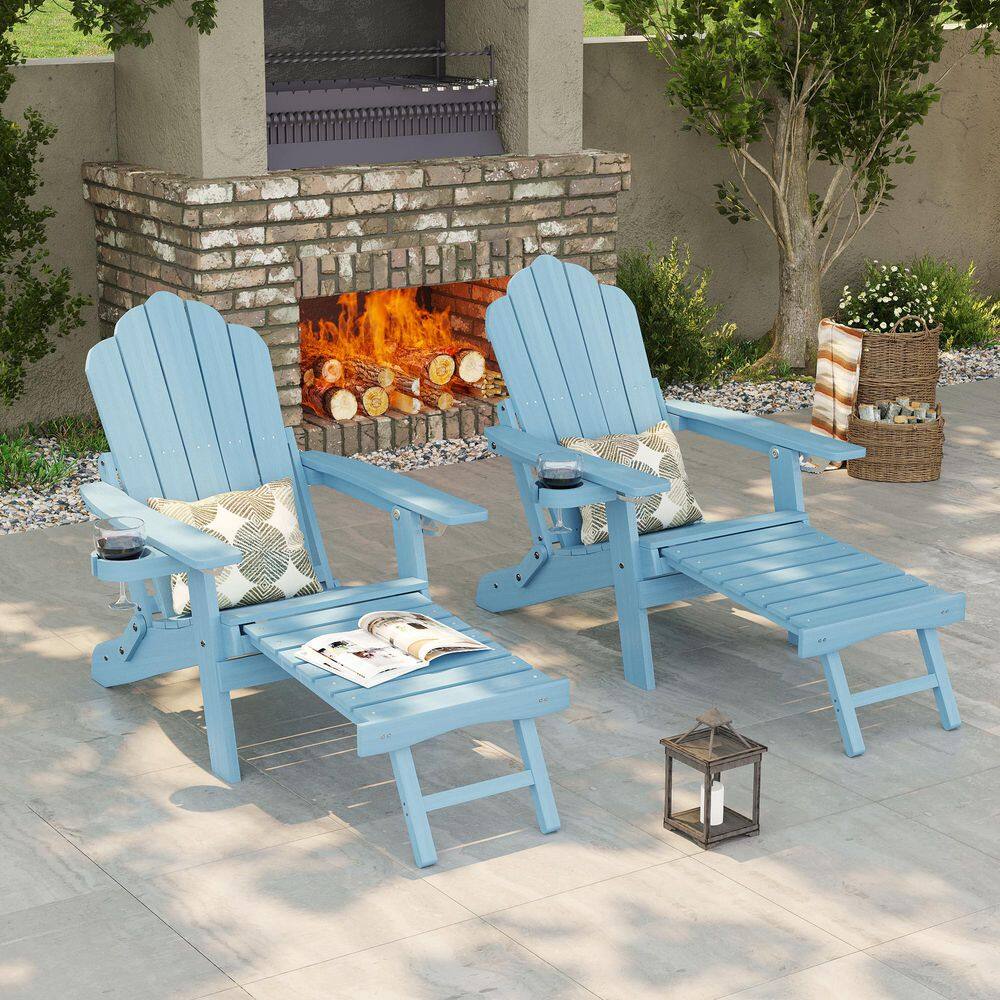 Lake Blue HDPE Plastic Folding Adirondack Chair with Retractable Ottoman and Cup Holder Set of 2 price history on PriceWatchPro