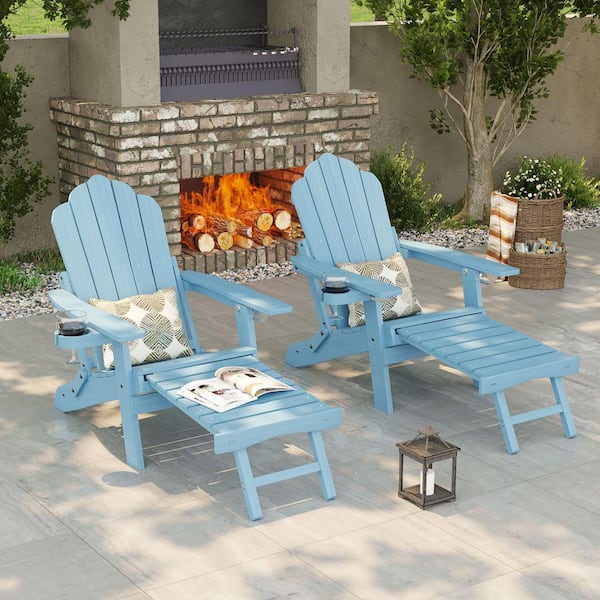 Lake Blue Plastic Folding Ergonomic Adirondack Chair with Retractable Ottoman, (set of 2)