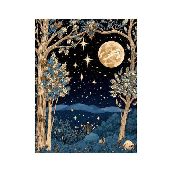 Starry Night Forest with Full Moon Unframed Canvas Art Print 32 in. x ...