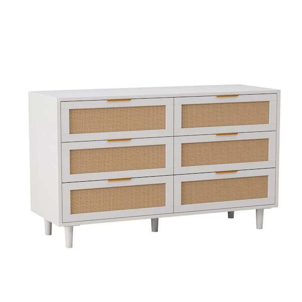 51.18 in. 6-Drawers Rattan Storage Cabinet Rattan Drawer, for Bedroom, Living Room, White