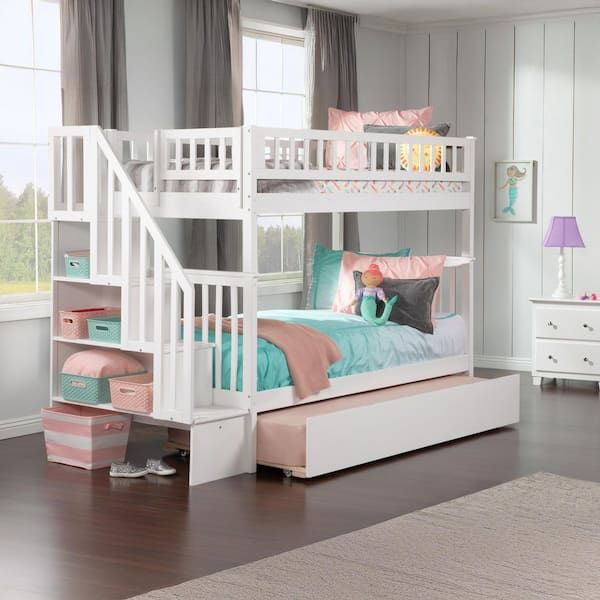 Woodland Staircase Bunk Bed Twin over Twin with Twin Size Urban Trundle Bed in White