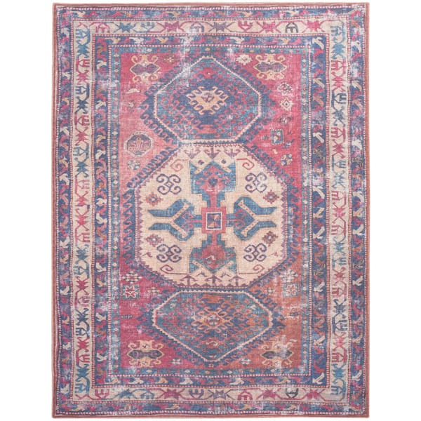 Unbranded 57 Grand Machine Washable Red/Navy 9 ft. x 12 ft. Bordered Transitional Area Rug