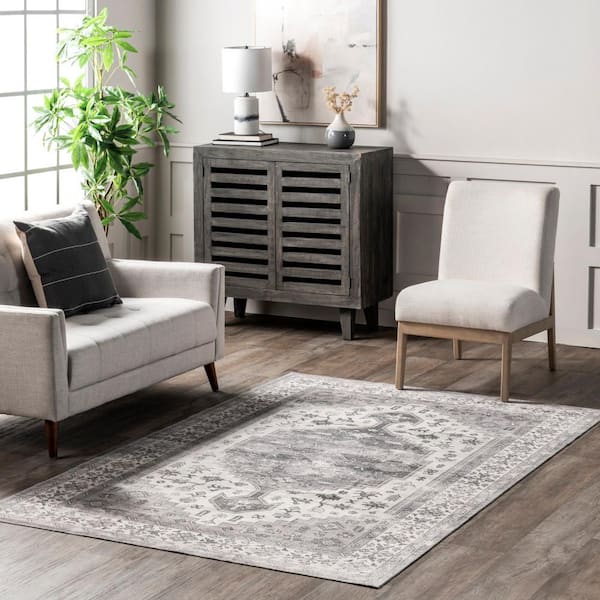 Medallion Bordered Machine Washable Dark Grey 5 ft. x 8 ft. Area Rug