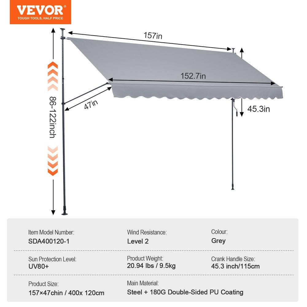 Gray Retractable Patio Awning with Manual Crank Handle