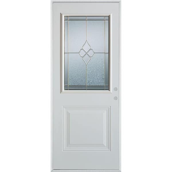Stanley Doors 36 in. x 80 in. Geometric Brass 1/2 Lite 1-Panel Painted White Left-Hand Inswing Steel Prehung Front Door