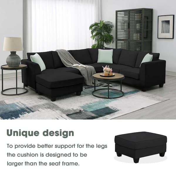 112 in. Square Arm Fabric L -Shaped Sofa with Ottoman in Black