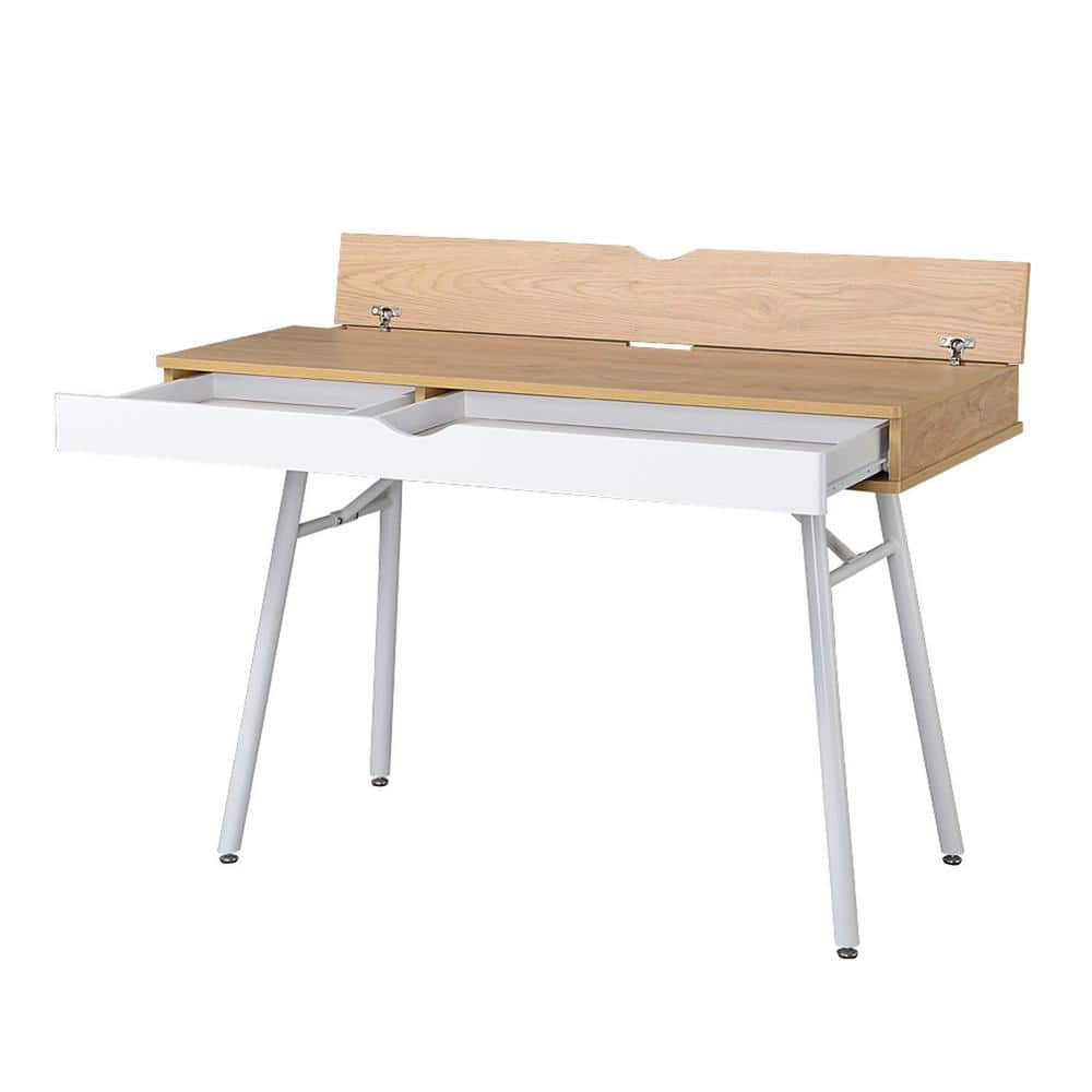 Pine and White Mid-Century Modern Desk with Multi-Storage