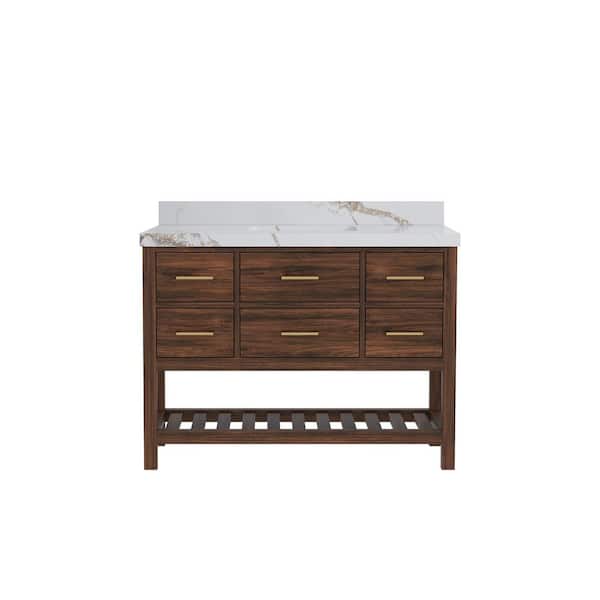 Willow Collections Parket Teak 48 in. W x 22 in. D x 36 in. H Single Sink Bath Vanity in Dark Walnut with Calacatta Gold Quartz Top