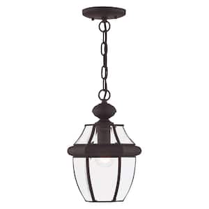 Aston 12.75 in. 1-Light Bronze Dimmable Outdoor Pendant Light with Clear Beveled Glass and No Bulbs Included