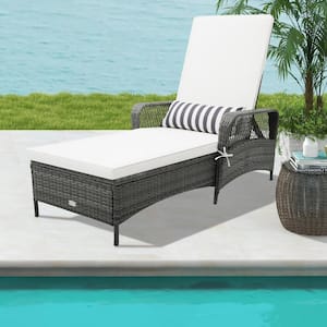 Patio Rattan PE Wicker Outdoor Chaise Lounge Sun Lounger with Beige Cushions Adjustable Backrest Mix Gray