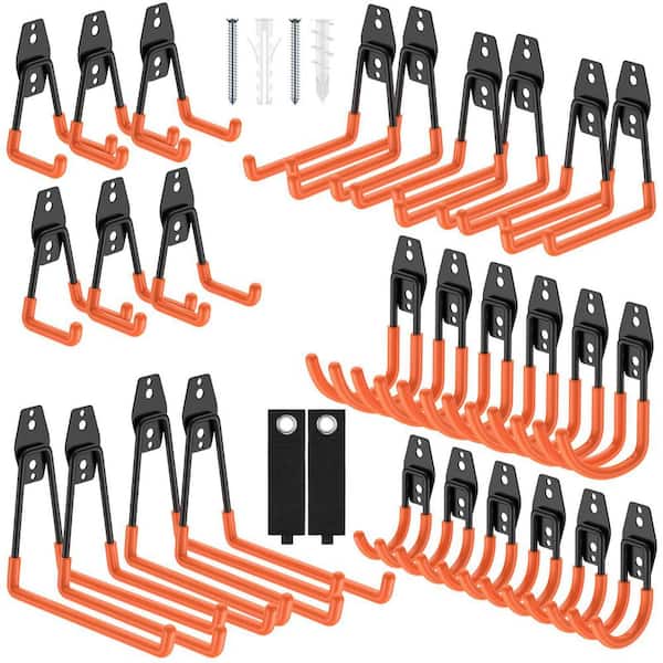 Garage Wall Rack with 28 Hooks in 5 Types, 2 Extension Cords, Heavy-Duty Steel, PVC Coated, for Ladders, Bikes, Tools